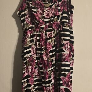 Torrid Black and White Striped Dress with Pink Floral